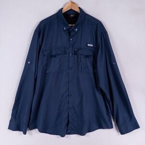 Pudolla Fishing Shirt Mens XL Navy Blue Roll Tab Sleeve Vented Lightweight